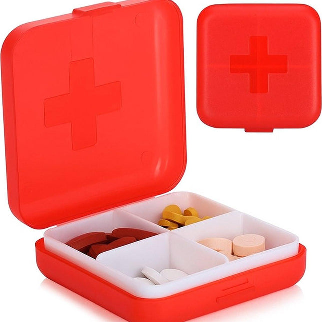Medicine box | Pill box | Pill case | 4 compartments | Sealed | Red.