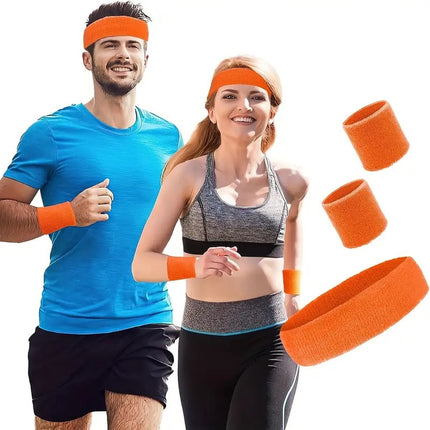 Headband & 2x Wristband Set | Sweatband | Sweatbands | Head and Wrist | Sports Bands | Orange.