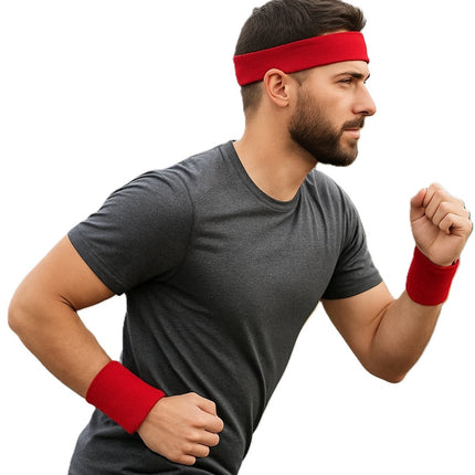 Set of Headband and 2x Wristbands Set | Sweatband | Sweatbands 6x8 CM | Head and Wrist | Sports Bands | Red.