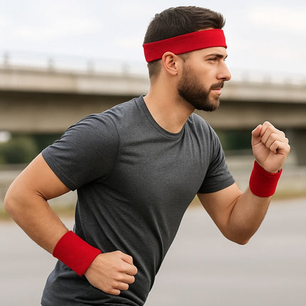 Set of Headband and 2x Wristbands Set | Sweatband | Sweatbands 6x8 CM | Head and Wrist | Sports Bands | Red.