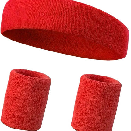 Set of Headband and 2x Wristbands Set | Sweatband | Sweatbands 6x8 CM | Head and Wrist | Sports Bands | Red.