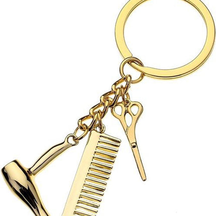 Hairdresser Keychain | Key Holder | Cutting Set Keychain | Scissors, Comb & Hairdryer Keychain | Gold.