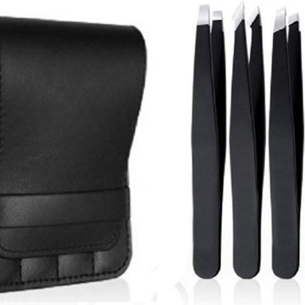 Eyebrow Plucking Tweezers Set | 4-Piece | Tweezers | With Luxury Storage Case | Black.