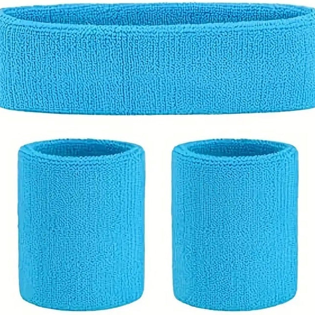 3-Piece Set of Headband & 2x Wristband Set | Sweatband | Sweatbands | Head and Wrist | Sports Bands | Light Blue