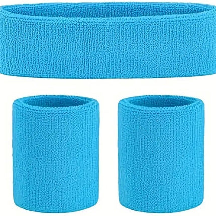 3-Piece Set of Headband & 2x Wristband Set | Sweatband | Sweatbands | Head and Wrist | Sports Bands | Light Blue.