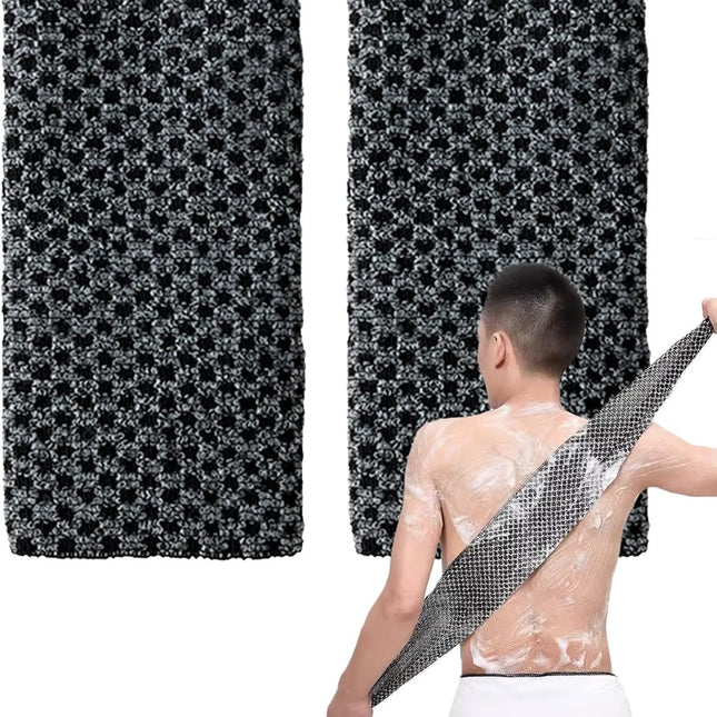 2-piece Japanese back scrubber set, exfoliating shower towel, extra-long exfoliating washcloth for men and women, scrub cloth for body cleansing and massage (black).