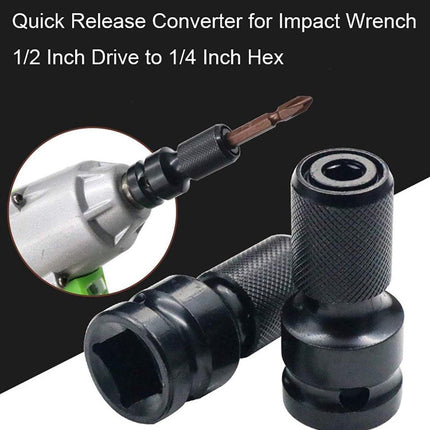2-Pack Screwdriver Adapter - 1/2 inch Square Drive to 1/4 inch Hex Female - Suitable for Impact Air and Electric Wrenches - Black Hardened Steel Connector - Universal Tool Adapter.