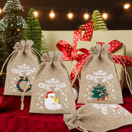 12 jute Christmas gift bags with drawstring - reusable linen bags - for holidays, birthdays, and New Year's parties - small candy bags as a treat.