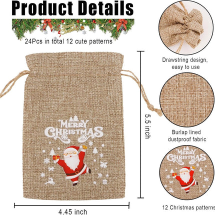 12 jute Christmas gift bags with drawstring - reusable linen bags - for holidays, birthdays, and New Year's parties - small candy bags as a treat.
