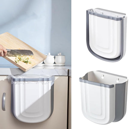 Foldable hanging trash can - Small 2.4 gallon waste bin for countertop and cabinet - Wall-mounted plastic waste bin for kitchen, bathroom, bedroom - Space-saving gray design.