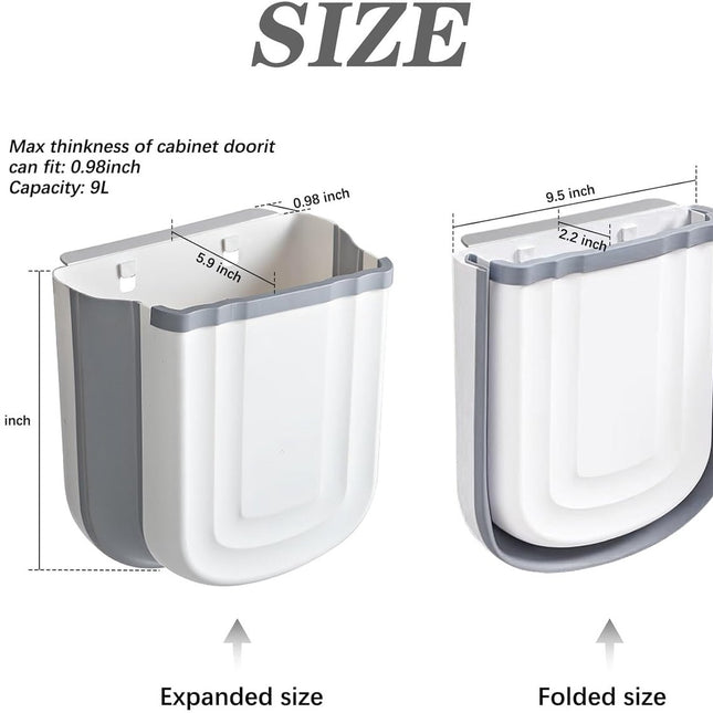 Foldable hanging trash can - Small 2.4 gallon waste bin for countertop and cabinet - Wall-mounted plastic waste bin for kitchen, bathroom, bedroom - Space-saving gray design.
