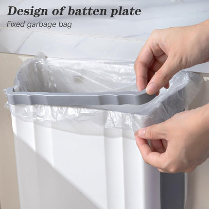 Foldable hanging trash can - Small 2.4 gallon waste bin for countertop and cabinet - Wall-mounted plastic waste bin for kitchen, bathroom, bedroom - Space-saving gray design.