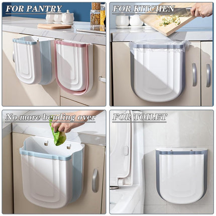 Foldable hanging trash can - Small 2.4 gallon waste bin for countertop and cabinet - Wall-mounted plastic waste bin for kitchen, bathroom, bedroom - Space-saving gray design.