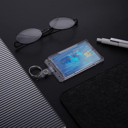 ID card holders with keychains - 2-pack - Durable ID card holders - Keychains - Transparent card protectors - Thumb slots - Card holders - School/office supplies (vertical).