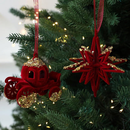 Velvet Christmas tree hangers - Christmas tree decorations - Festive hanging decorations with gold sequins - 3.74 x 4.72 inches (red).