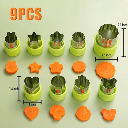 9-piece stamp set with fruit and vegetable cutter - Love heart, star, flower, and animal shapes - Creative mold - for baking, children's lunch, and decorating healthy snacks.