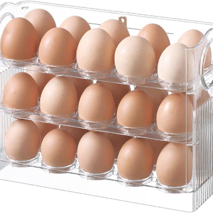 Egg carton - Suitable for 30 eggs - Egg storage box specifically for the refrigerator - Three-layer transparent acrylic egg storage box - Large capacity egg storage box for the countertop - Egg dispenser - Egg rack - 26*10*20 cm - Transparent.