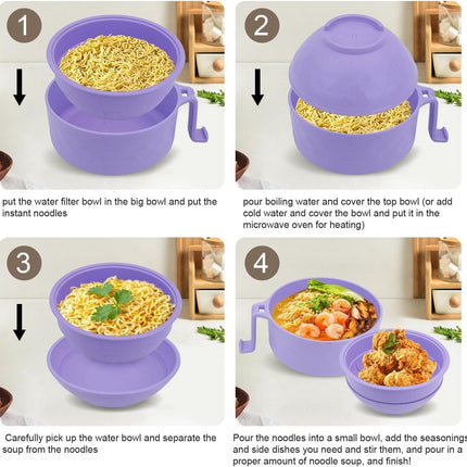 Microwave noodle bowl - 6-in-1 ramen cooker with lid, strainer, chopsticks - 33oz instant noodle soup bowl with handle and phone holder.