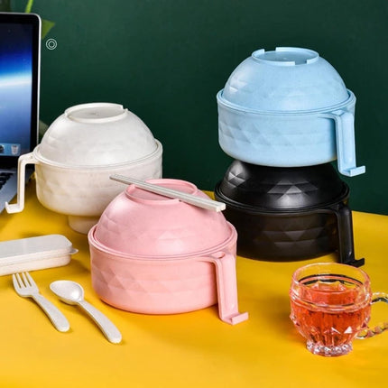 Microwave noodle bowl - 6-in-1 ramen cooker with lid, strainer, chopsticks - 33oz instant noodle soup bowl with handle and phone holder.