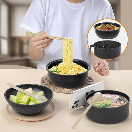 Microwave noodle bowl - 6-in-1 ramen cooker with lid, strainer, chopsticks - 33oz instant noodle soup bowl with handle and phone holder.