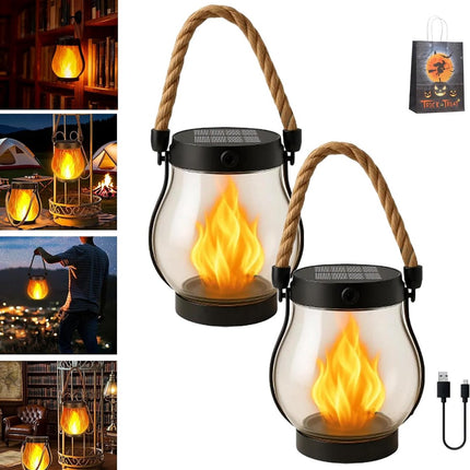 Outdoor solar lights - Solar garden lighting - Solar lantern - Dancing flame solar lanterns outdoor waterproof lighting - Hemp rope flame lamp - For camping garden patio garden halloween decoration (2 pieces).