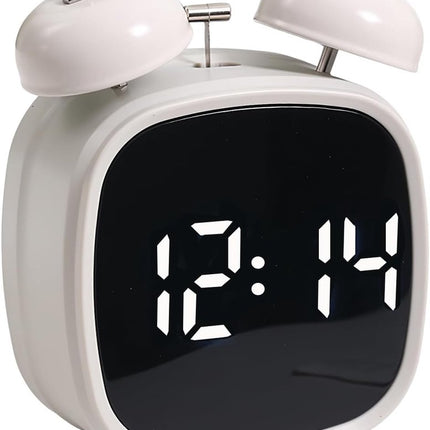 Alarm clock with double bell - Loud and creative alarm clock - Adjustable brightness in three levels - Small battery-operated digital alarm clock - Suitable for living room, bedroom, and study (white).
