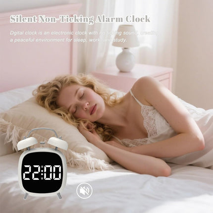 Alarm clock with double bell - Loud and creative alarm clock - Adjustable brightness in three levels - Small battery-operated digital alarm clock - Suitable for living room, bedroom, and study (white).