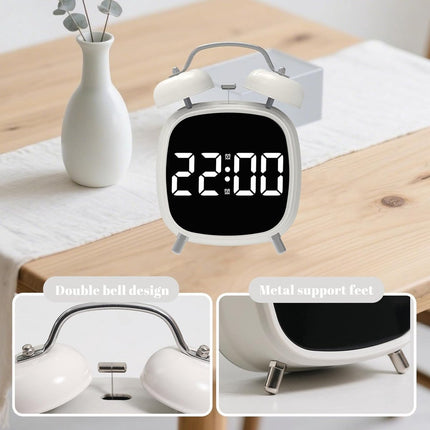Alarm clock with double bell - Loud and creative alarm clock - Adjustable brightness in three levels - Small battery-operated digital alarm clock - Suitable for living room, bedroom, and study (white).