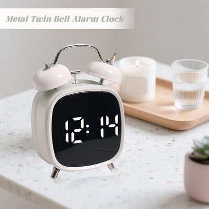 Alarm clock with double bell - Loud and creative alarm clock - Adjustable brightness in three levels - Small battery-operated digital alarm clock - Suitable for living room, bedroom, and study (white).