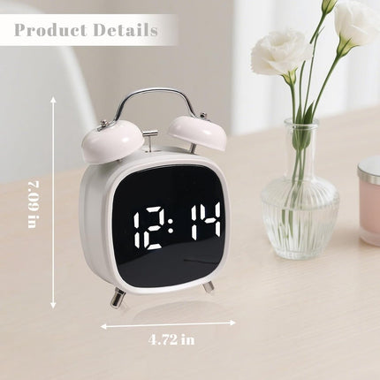 Alarm clock with double bell - Loud and creative alarm clock - Adjustable brightness in three levels - Small battery-operated digital alarm clock - Suitable for living room, bedroom, and study (white).