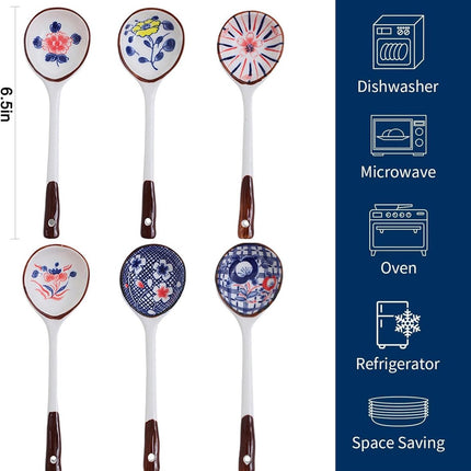 Set of ceramic soup spoons - 6 long-handled Japanese spoons - Easy-to-hold utensils for ramen, wonton, and miso soup - Elegant spoons for noodles and dumplings.