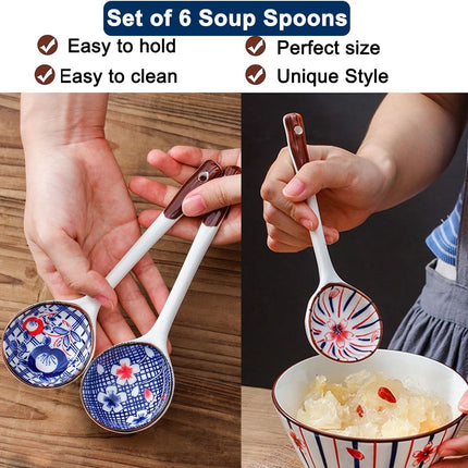 Set of ceramic soup spoons - 6 long-handled Japanese spoons - Easy-to-hold utensils for ramen, wonton, and miso soup - Elegant spoons for noodles and dumplings.