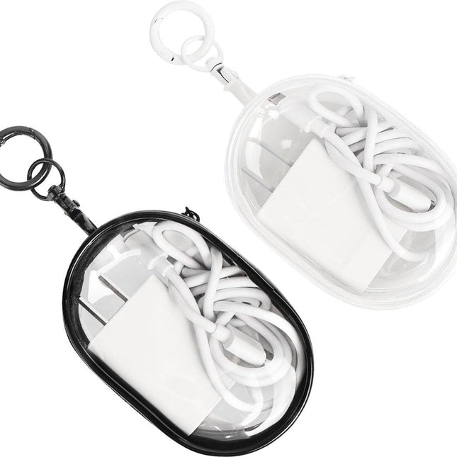 Cable organizer case - Waterproof, portable organizer - Mini transparent hard bag with zipper - Charging cable holder - Space-saving travel accessory (2 pieces black + white).