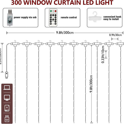 Curtain lights, Christmas lights - 300 LEDs, 8 light modes, copper string lights with remote control, USB powered and waterproof for Christmas, bedroom, party, wedding, home, garden, wall decorations, cool blue.