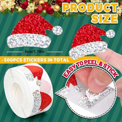 500 Christmas stickers on a roll - 3 cm red Santa hat - self-adhesive stickers for winter - for Christmas, envelopes, invitations, greeting cards, party supplies.