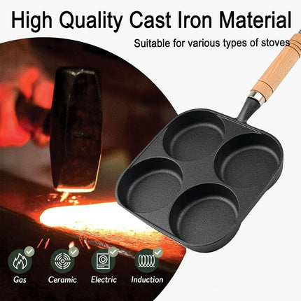 Four-pan 18 cm - Cast Iron - Natural Non-Stick Coating - For Eggs & Hamburgers.