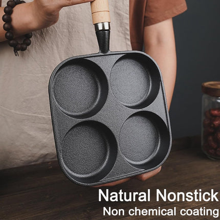 Four-pan 18 cm - Cast Iron - Natural Non-Stick Coating - For Eggs & Hamburgers.