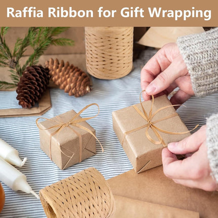 2 rolls of raffia ribbon - natural raffia paper twine - gift wrapping Christmas crafting DIY decoration - 1/4 inch (kraft).