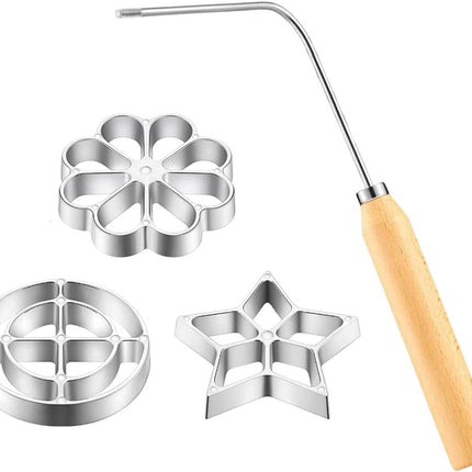 4-Piece Rosette Shaper Set - Cast Aluminum with Wooden Handle - For Coffee Cookies, Bunuelos & Funnel Cookies.