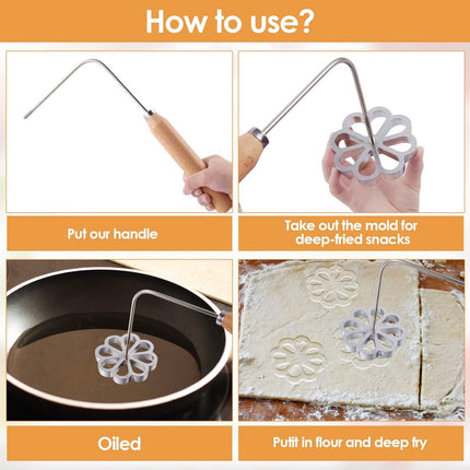 4-Piece Rosette Shaper Set - Cast Aluminum with Wooden Handle - For Coffee Cookies, Bunuelos & Funnel Cookies.