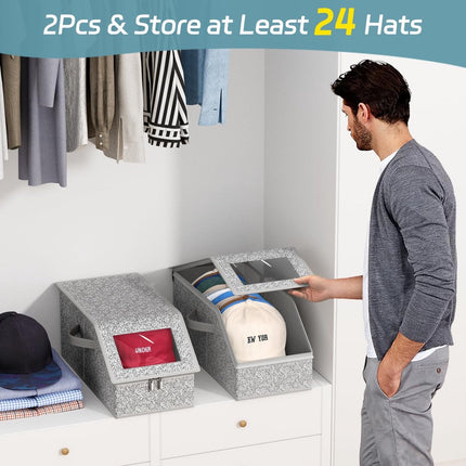2-Pack Storage Boxes for Caps - Storage Solution for Up to 24 Baseball Caps - Stackable 2-in-1 Hat Box.