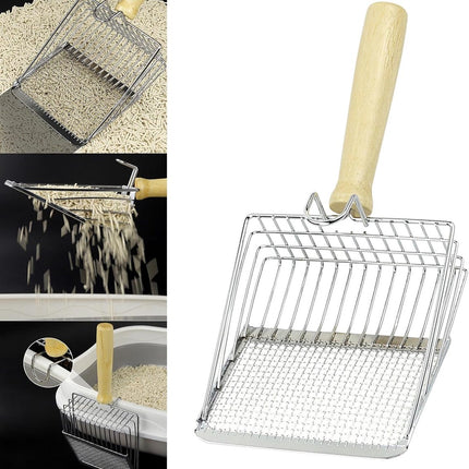 Stainless Steel Cat Litter Scoop with Wooden Handle - Two-in-One Function - Standard Included.