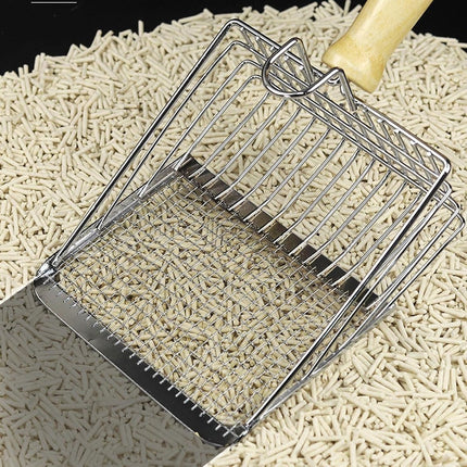 Stainless Steel Cat Litter Scoop with Wooden Handle - Two-in-One Function - Standard Included.