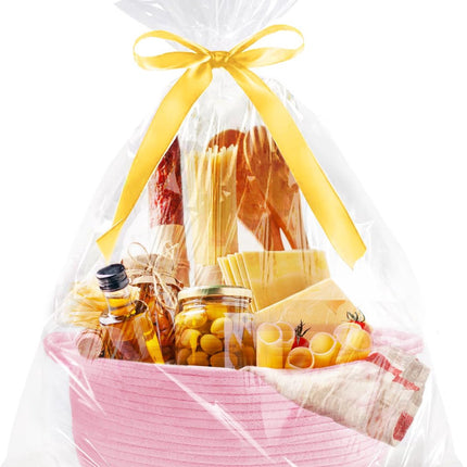 Gift basket with gift bag and ribbons - Small woven rope storage shelf - Empty gift baskets - Decorative birthday party storage box for cat, dog, pet with handles (pink).