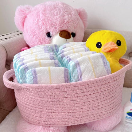 Gift basket with gift bag and ribbons - Small woven rope storage shelf - Empty gift baskets - Decorative birthday party storage box for cat, dog, pet with handles (pink).