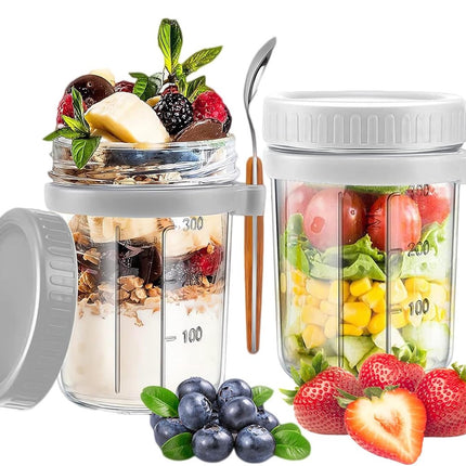 2-Pack Overnight Oatmeal Jars - With lid and spoon - 12 oz jars - For storing oatmeal overnight - With measuring lines - Large airtight jars - Also suitable for storing milk, fruit, and breakfast cereals (white + grey).