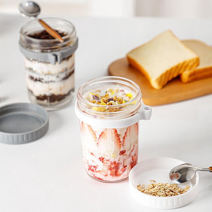 2-Pack Overnight Oatmeal Jars - With lid and spoon - 12 oz jars - For storing oatmeal overnight - With measuring lines - Large airtight jars - Also suitable for storing milk, fruit, and breakfast cereals (white + grey).