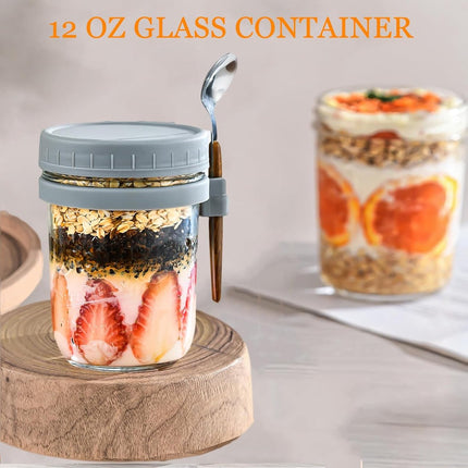 2-Pack Overnight Oatmeal Jars - With lid and spoon - 12 oz jars - For storing oatmeal overnight - With measuring lines - Large airtight jars - Also suitable for storing milk, fruit, and breakfast cereals (white + grey).