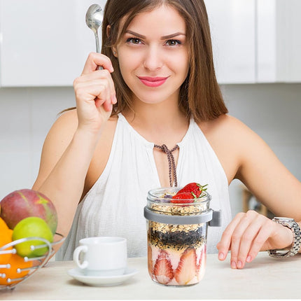 2-Pack Overnight Oatmeal Jars - With lid and spoon - 12 oz jars - For storing oatmeal overnight - With measuring lines - Large airtight jars - Also suitable for storing milk, fruit, and breakfast cereals (white + grey).