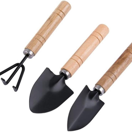 3-Piece Garden Tool Set - Wooden Handle Design - Garden Trowel, Rake and Soil Shovel - For Pots and Plants.
